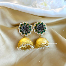 Load image into Gallery viewer, Multiple colors-Pachi kundan Flower Golden Brass Pearl Jhumka earrings
