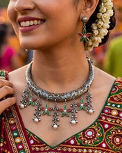 Load image into Gallery viewer, Afghani Ruby Green Black Metal Hasli Necklace set
