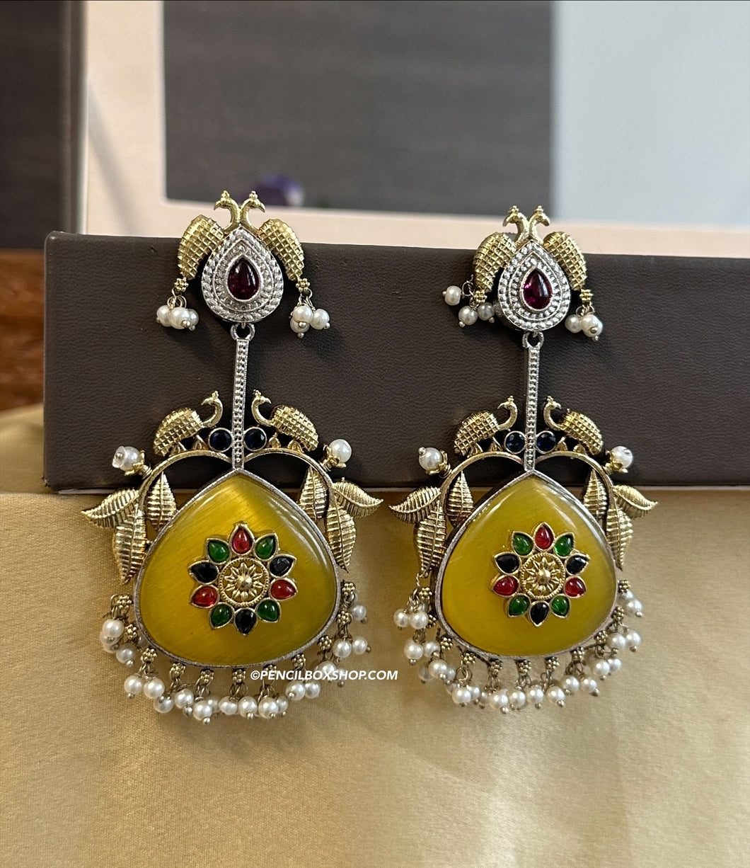 Yellow German silver Dual Tone Peacock Big Stone work long Earrings