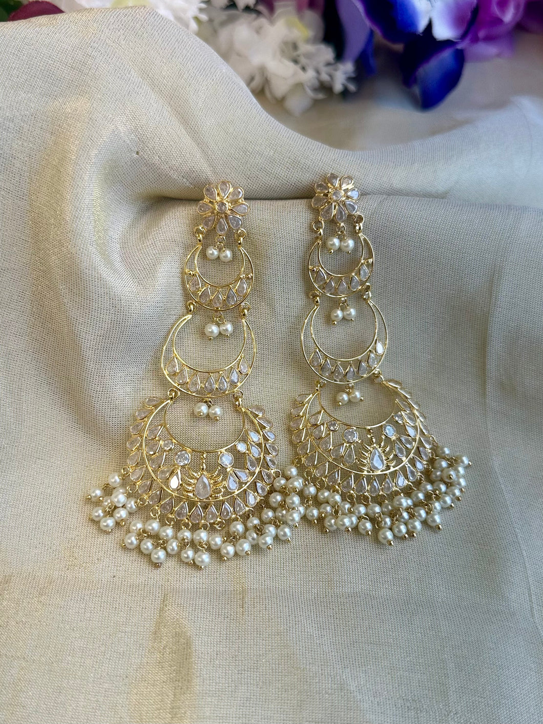 14k Gold plated White Three layered Chandbali Jhumka earrings