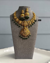 Load image into Gallery viewer, Green Exclusive Lakshmi ji cz kemp stone Necklace set Temple Jewelry
