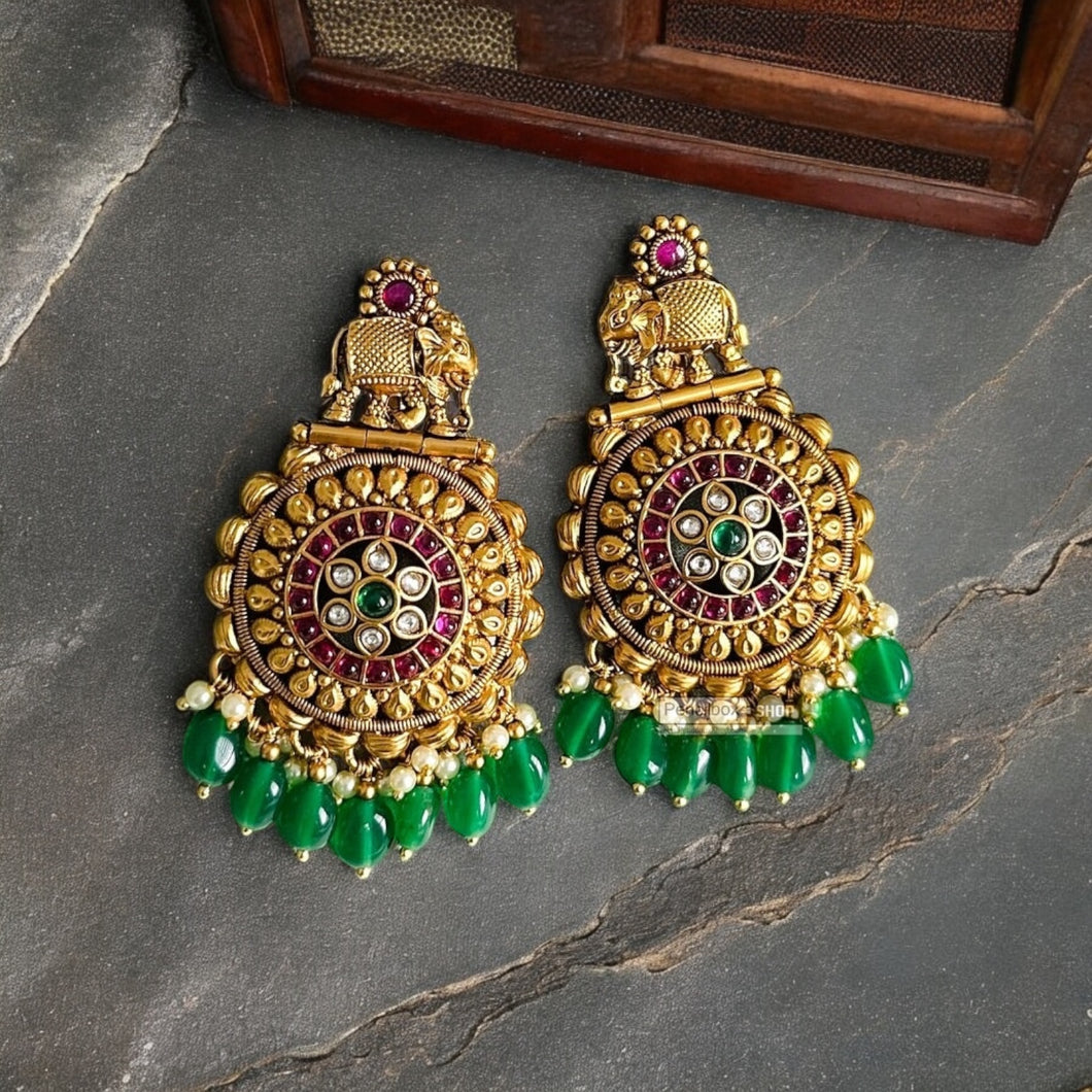 Elephant Kemp Stone Temple Amrapali Ethnic Earrings