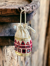 Load image into Gallery viewer, Handmade Mirror Red Cotton pearl potli bag
