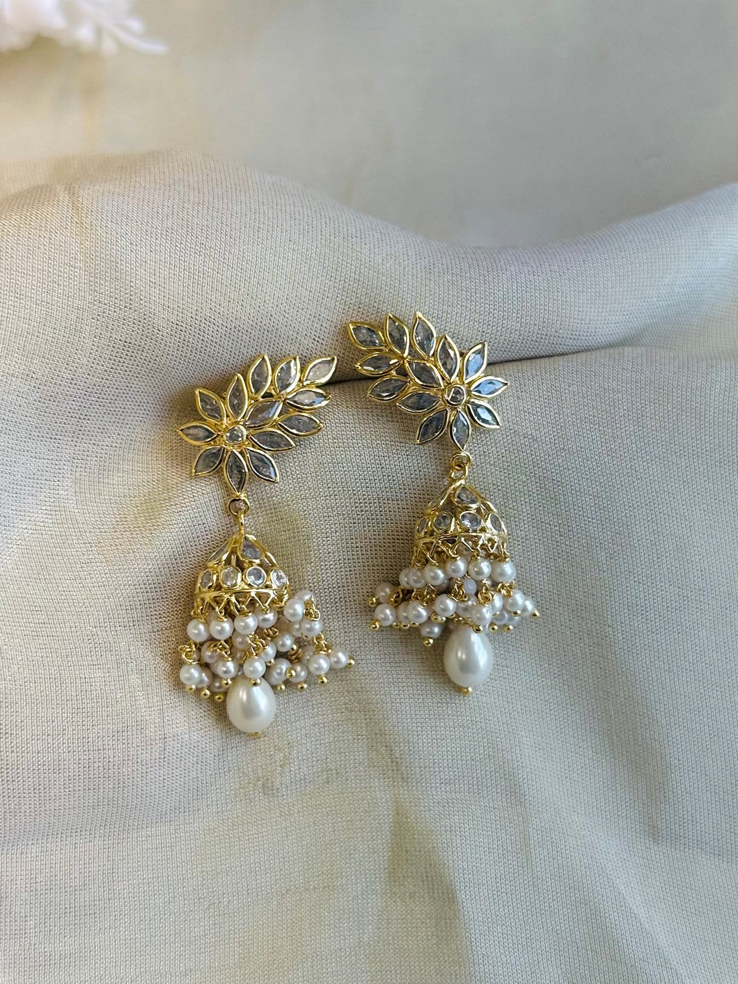 14k Gold plated White Stone Pearl Drop Temple earrings