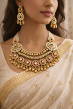 Load image into Gallery viewer, Rajwadi Layered Pearl Ruby Green Necklace Temple Set
