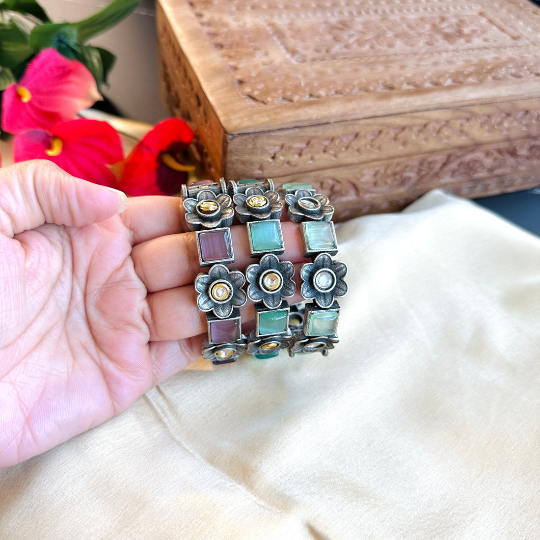 German Silver Kundan Flower Openable Single piece kada