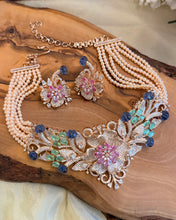 Load image into Gallery viewer, Solitaire Floral Rose Gold MM pink Mint Pearl Multicolor Long Solitaire Premium Choker Necklace set

