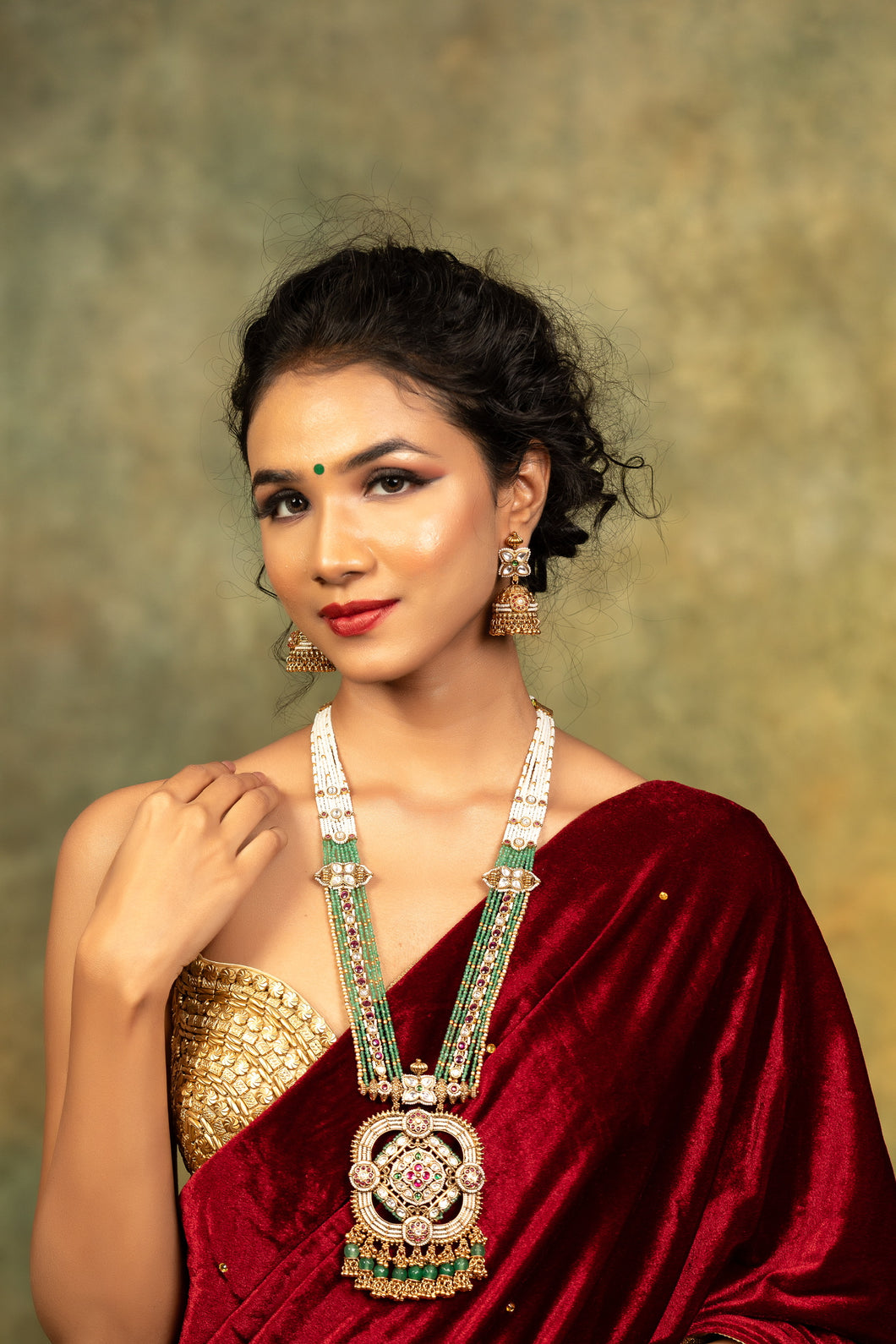 Heritage Rajwadi Big Square Green White Pearl Long Mala Necklace set