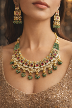 Load image into Gallery viewer, Rajwadi Layered Pearl Ruby Green Necklace Temple Set
