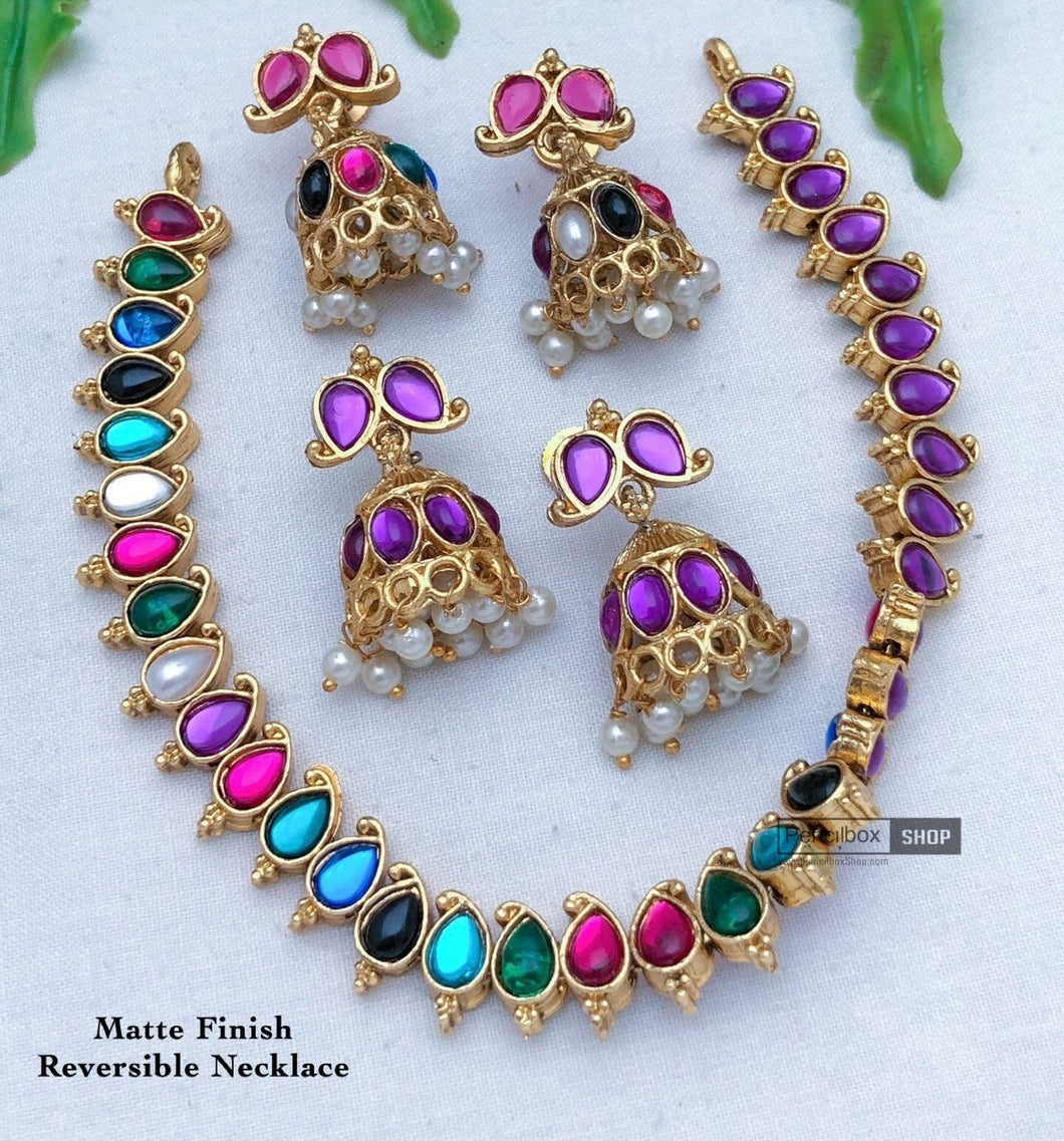 Multicolor purple Changeable matte golden Stone Necklace set Temple Jewelry