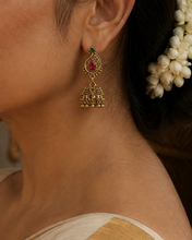 Load image into Gallery viewer, Mango shape ruby green Small Kemp Stone Brass Jhumka Earrings
