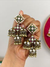 Load image into Gallery viewer, Moissanite Three jhumka antique Golden earrings
