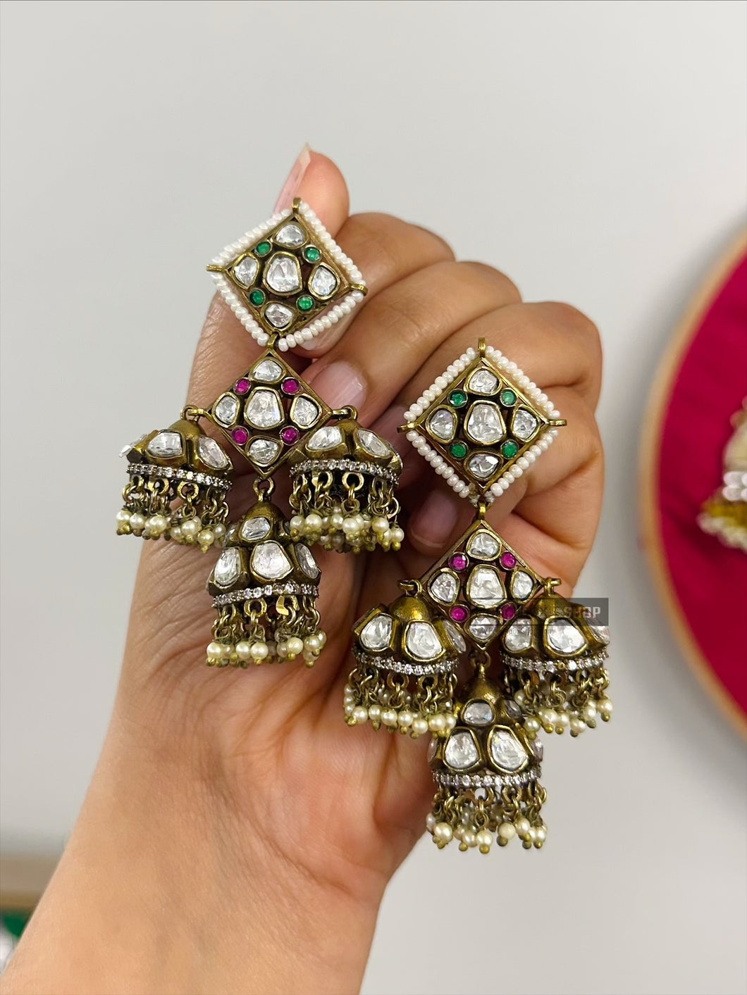 Moissanite Three jhumka antique Golden earrings