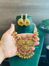 Load image into Gallery viewer, Pearl Ruby Kundan Peacock kemp stone temple Necklace set
