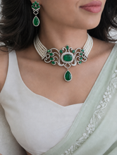 Load image into Gallery viewer, Green Silver Pearl Celebrity American Diamond Choker necklace set
