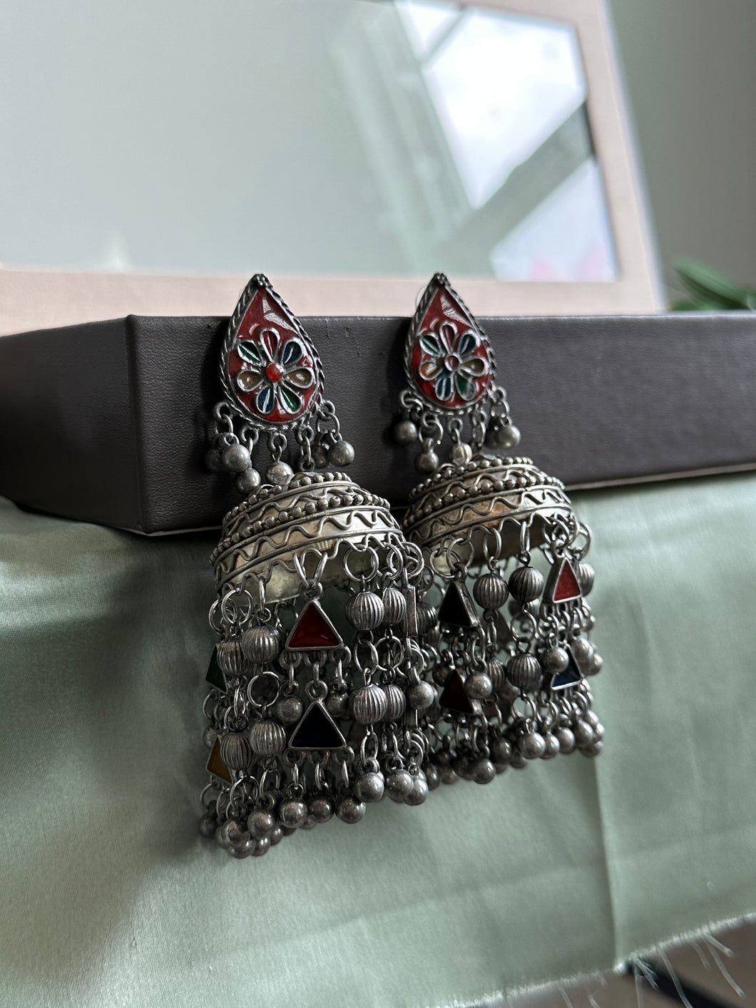 Black polish multicolor Afghani Long Jhumka Earrings