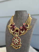 Load image into Gallery viewer, Mitali Ruby kemp stone Peacock hydro beads Necklace set Temple Jewelry

