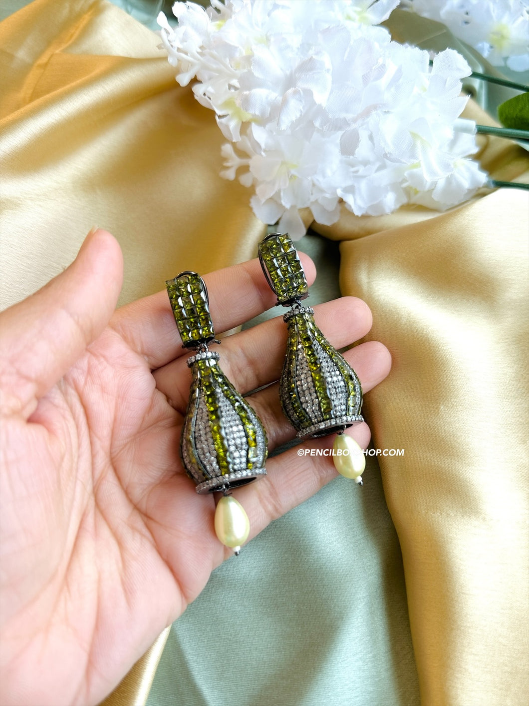 American Diamond Victorian Olive green Invisible Jhumka earrings