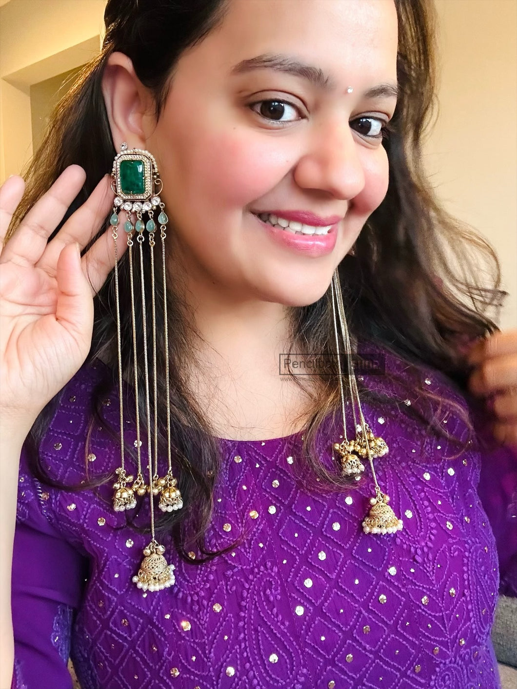 PUSHP 92.5 multicolor Long Kashmiri pachi kundan Dangling earrings