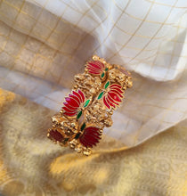 Load image into Gallery viewer, NEW LAUNCH Lotus Lakshmi ji Enamel Ruby green Openable Bangle set
