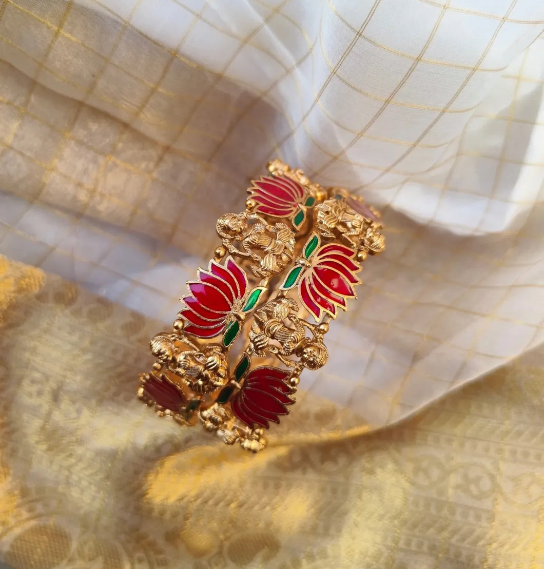 NEW LAUNCH Lotus Lakshmi ji Enamel Ruby green Openable Bangle set
