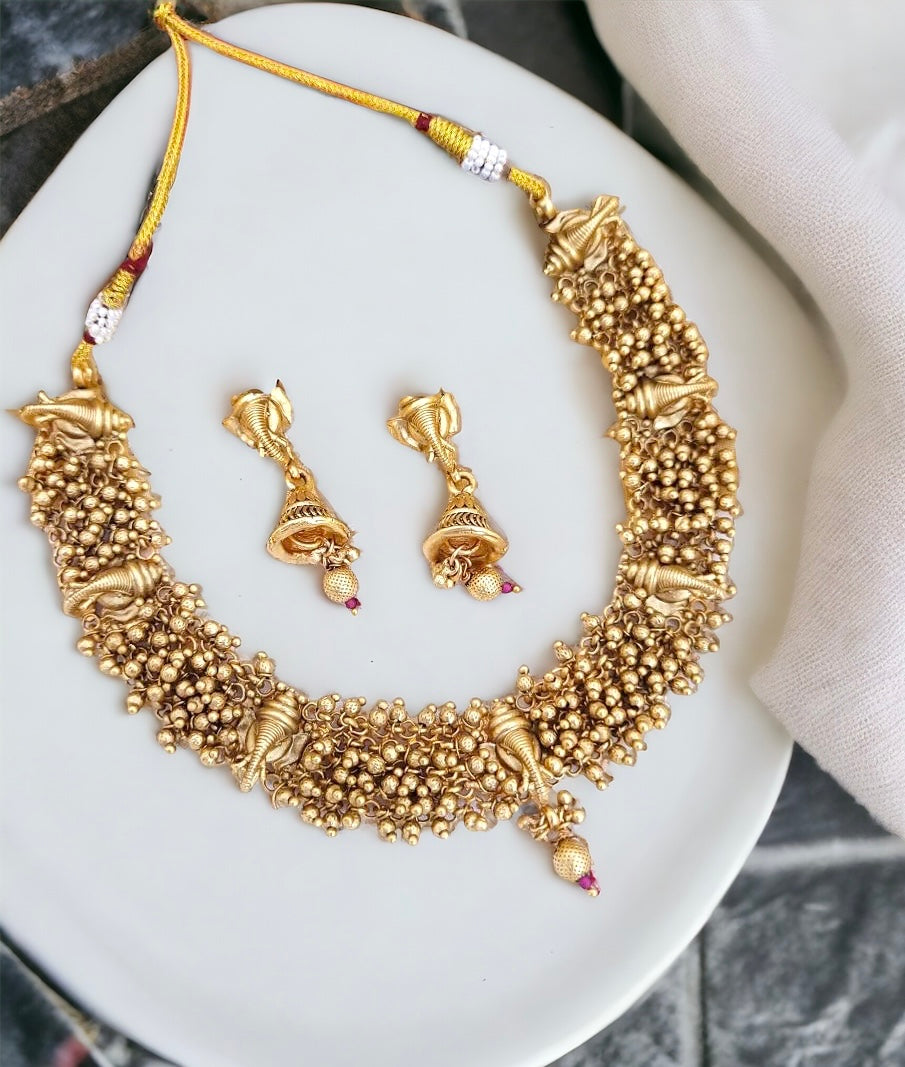 Golden beads Ganesha Ethnic Necklace set temple jewelry