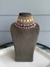 Load image into Gallery viewer, Purple pink Tayani Statement Heavy 22k gold plated choker necklace set
