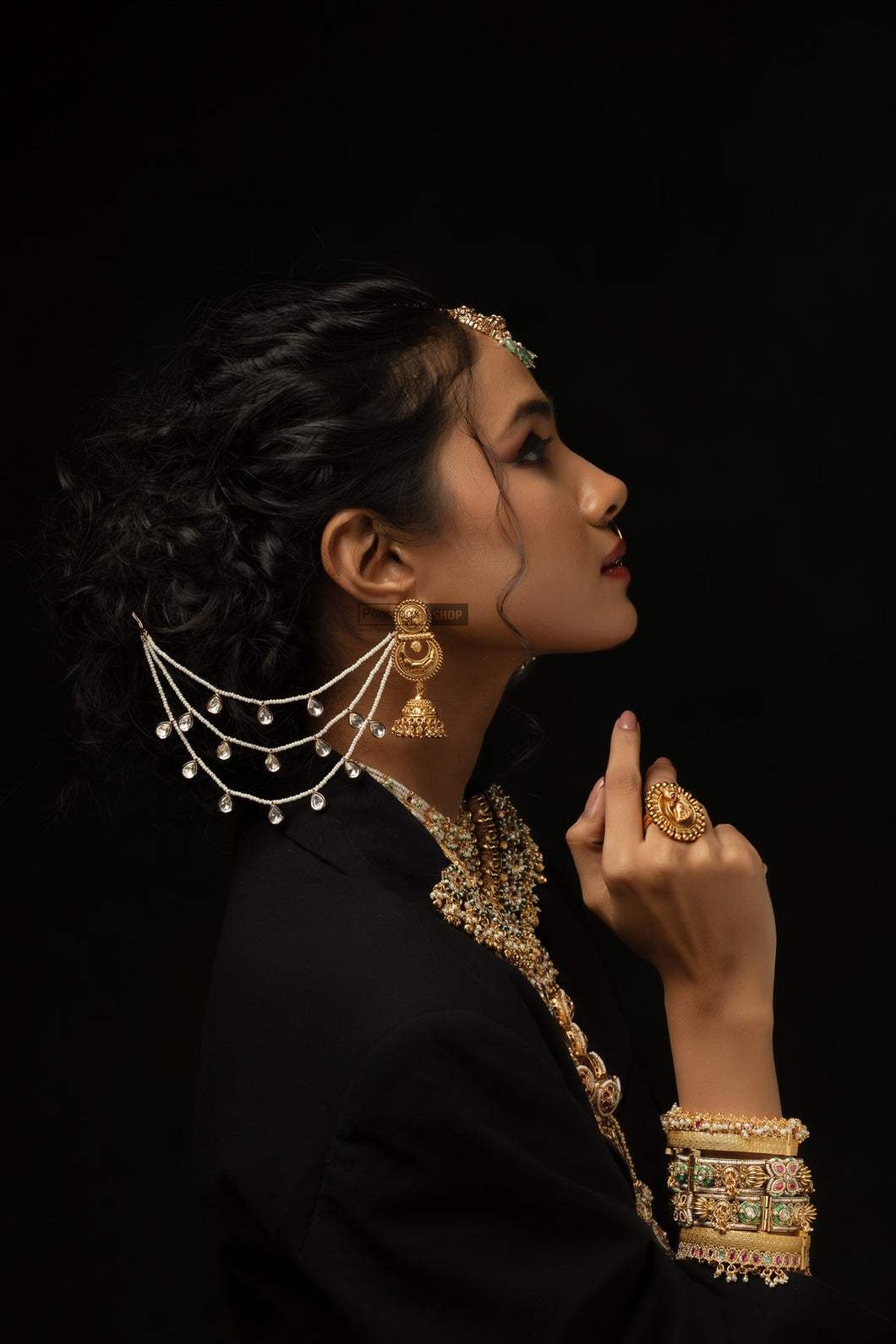 Kundan three layer gold plated Statement Ear chain