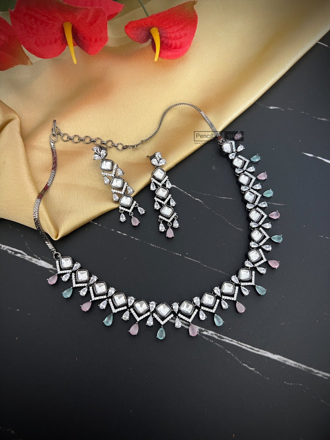Victorian Gold plated Tayani Mint pink Premium Statement Necklace set