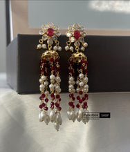 Load image into Gallery viewer, 14k Gold plated Ruby white Pearl Temple earrings

