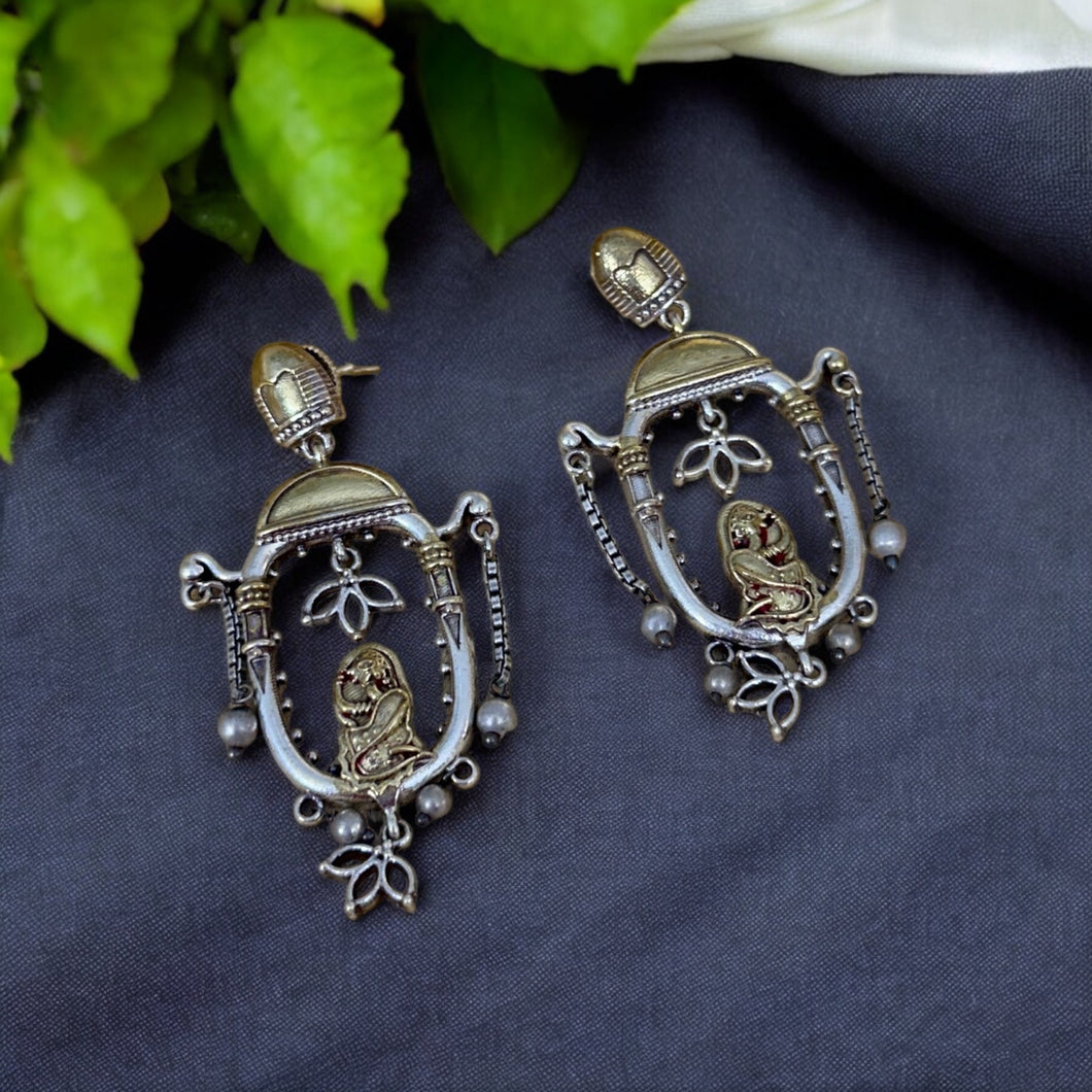 German silver Simple Dual Tone Tribal Bohemian Dangling Earrings