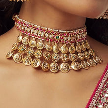 Load image into Gallery viewer, Ruby White Gold plated 1gm Lakshmi choker ethnic temple necklace set
