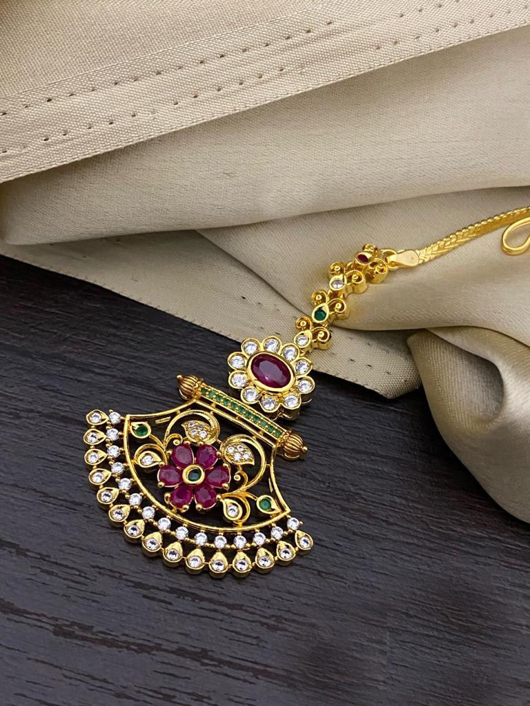Cz flower Gold finish Maangtikka