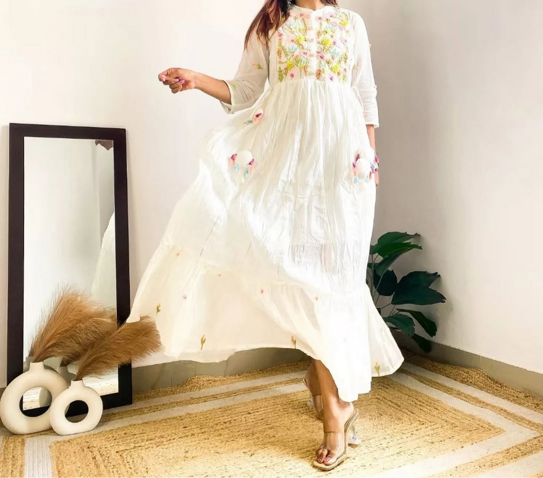 White Multicolor Thread Embroidery Long Dress Women Clothing