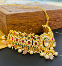 Load image into Gallery viewer, Kemp stone Kundan Ruby Green Multicolor Designer choker Necklace set
