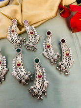 Load image into Gallery viewer, 92.5 Silver coated german silver Peacock Earrings with ghungroo
