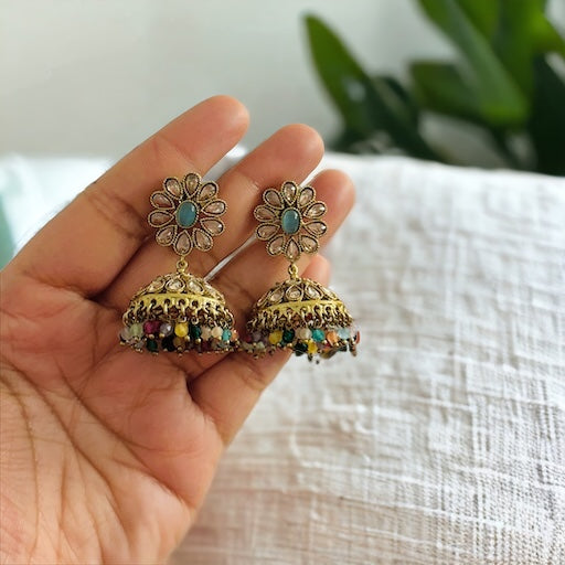 Golden Polki Multicolor Small pearl jhumki earrings