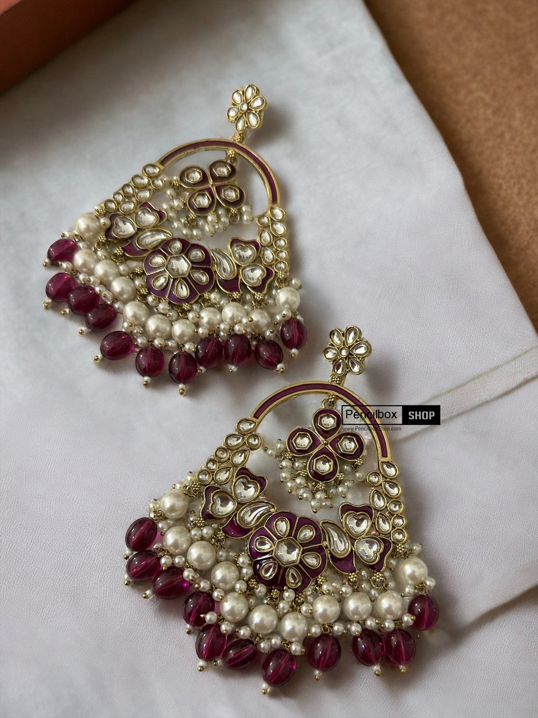 Golden Kundan Meenakari Pearl Long Ethnic Chandbali earrings