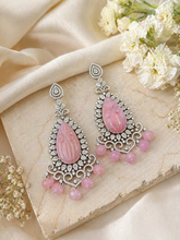 Load image into Gallery viewer, Pink Carved Stone American Diamond Silver Statement Designer Earrings
