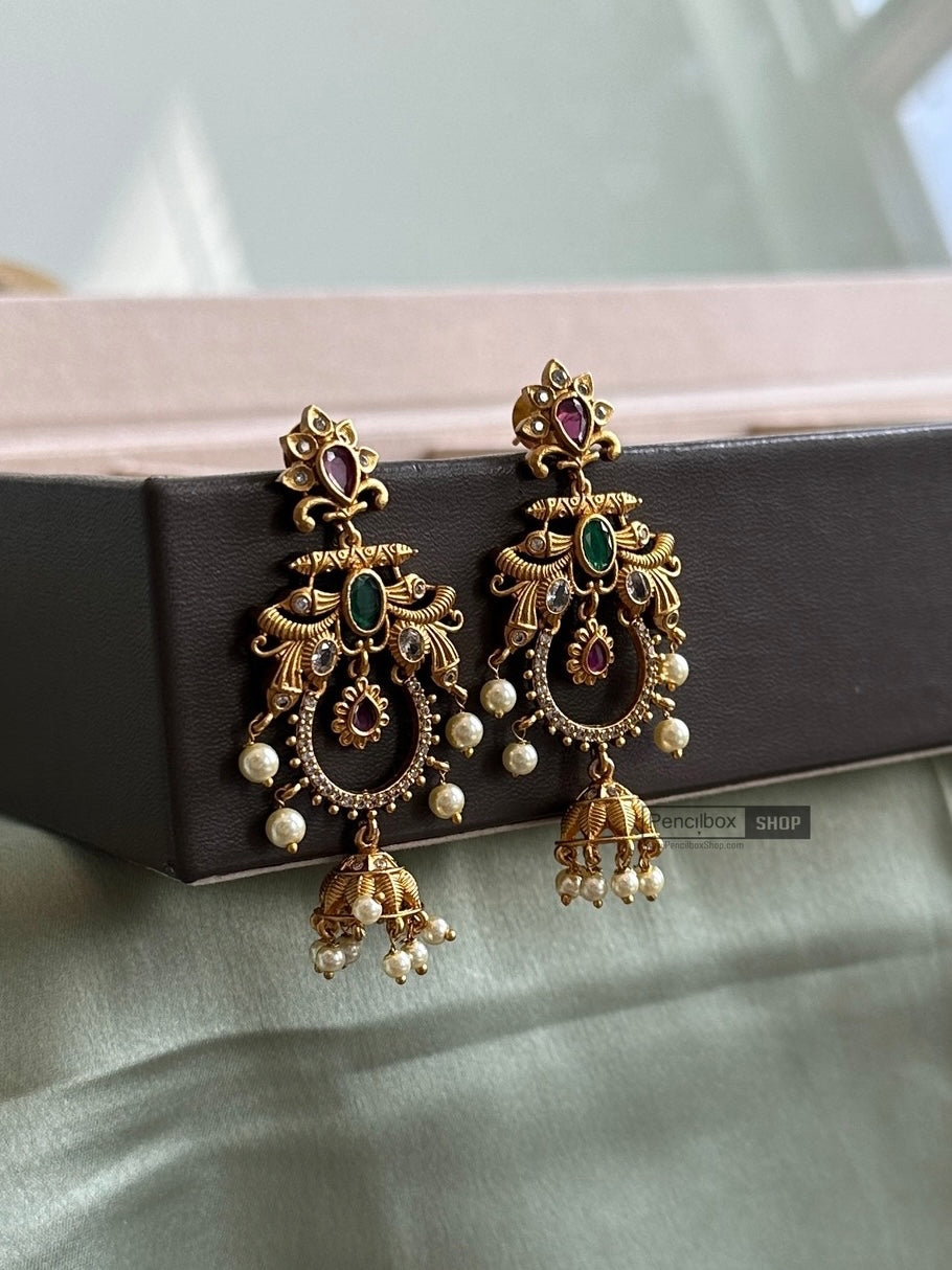 Golden matte Finish Multicolor Cz pearl jhumki Earrings