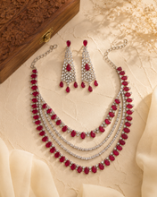 Load image into Gallery viewer, Four Layered Ruby Premium american diamond Real Looking Silver necklace set
