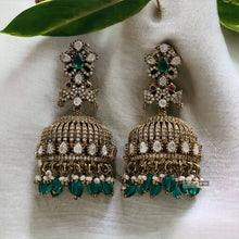 Load image into Gallery viewer, Green Moissanite Peacock antique golden Jhumki earrings
