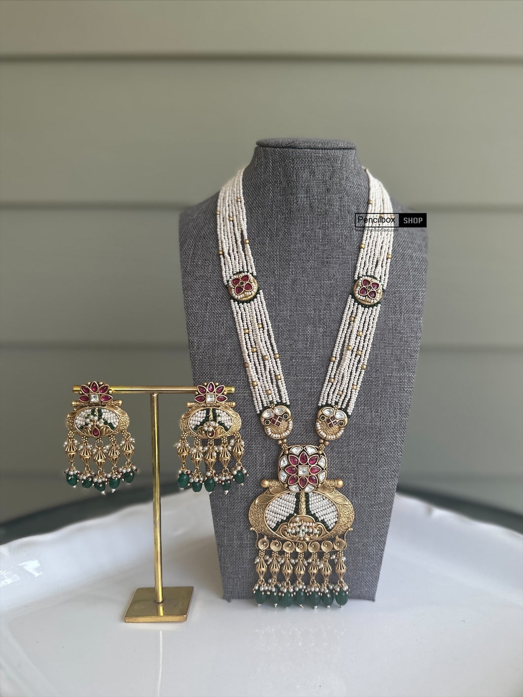 Ruby geeen Rajwadi kemp stone Haram Designer Necklace set