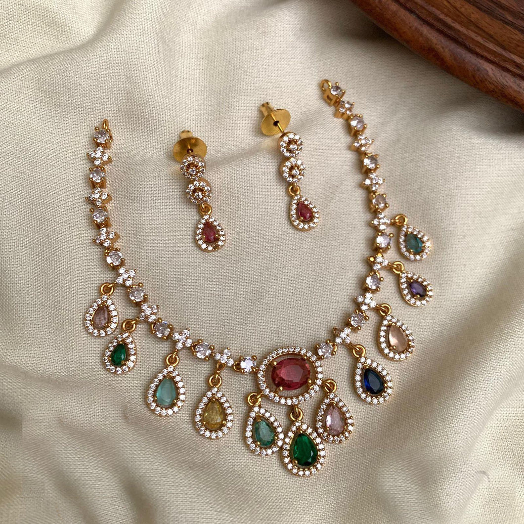 Premium Multicolor Cz Dainty Necklace Temple set