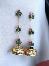 Load image into Gallery viewer, Three layer Kemp Stone  Hanging Drop Temple jhumka earrings
