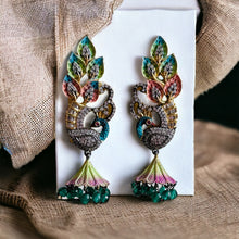 Load image into Gallery viewer, American diamond Peacock Paint Shaded Jhumka Cz Earrings
