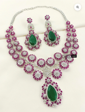 Load image into Gallery viewer, Green Ruby Silver polki Premium american diamond Silver necklace set

