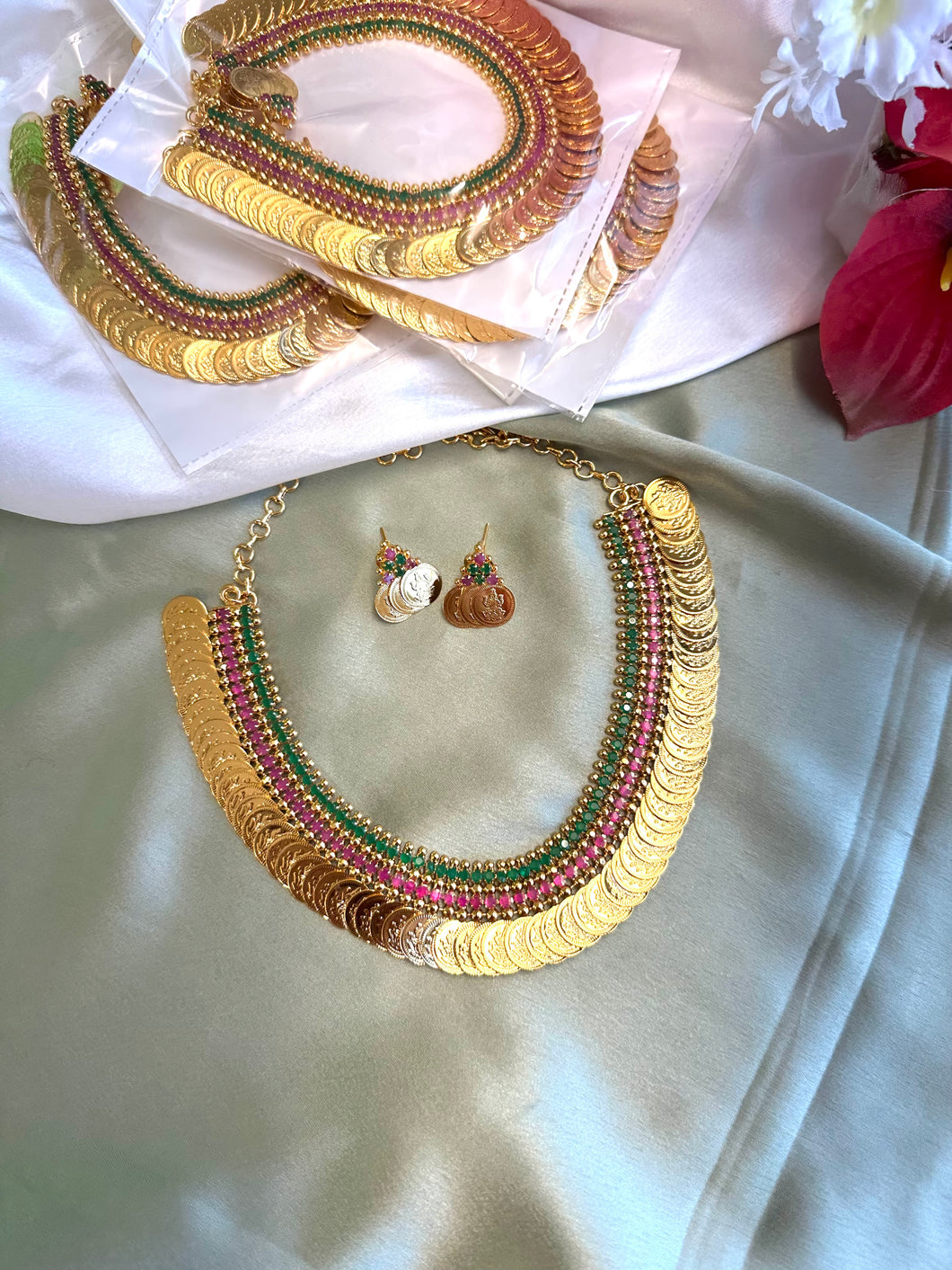 TRENDING Ruby Green Coin Golden Necklace set