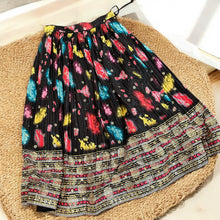 Load image into Gallery viewer, Black Multicolor chinnon 4mt flair Free size Soft Silk Skirt
