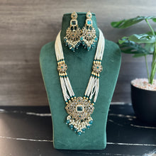 Load image into Gallery viewer, Teal Golden Polki Long Necklace Set
